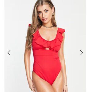 Pour Moi Fuller Bust Space frill swimsuit in red